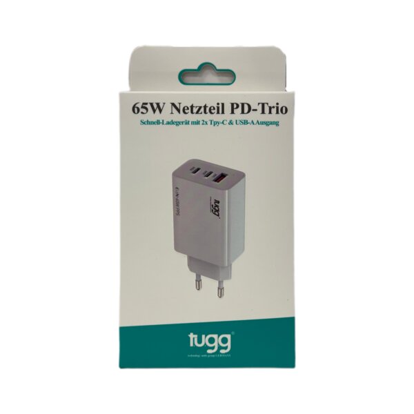 Tugg 65W Netzteil PD-Trio Schnell-Ladegerät mit 2x Typ-C & USB-A Ausgang