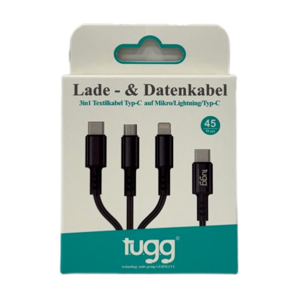 Tugg Fast 45W 3in1 Textilkabel Typ-C auf Mikro / Lightning / Typ-C 1,2m black